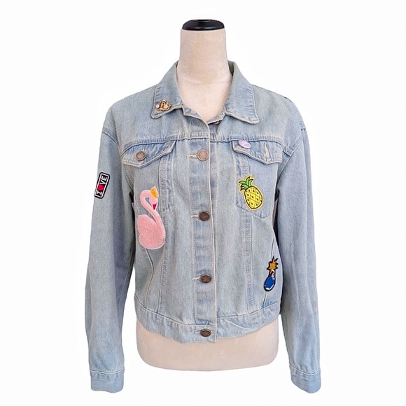Compania Fantastica Blue Denim Jean Applique Jacket With Colorful Patchwork Sz M - Picture 2 of 16